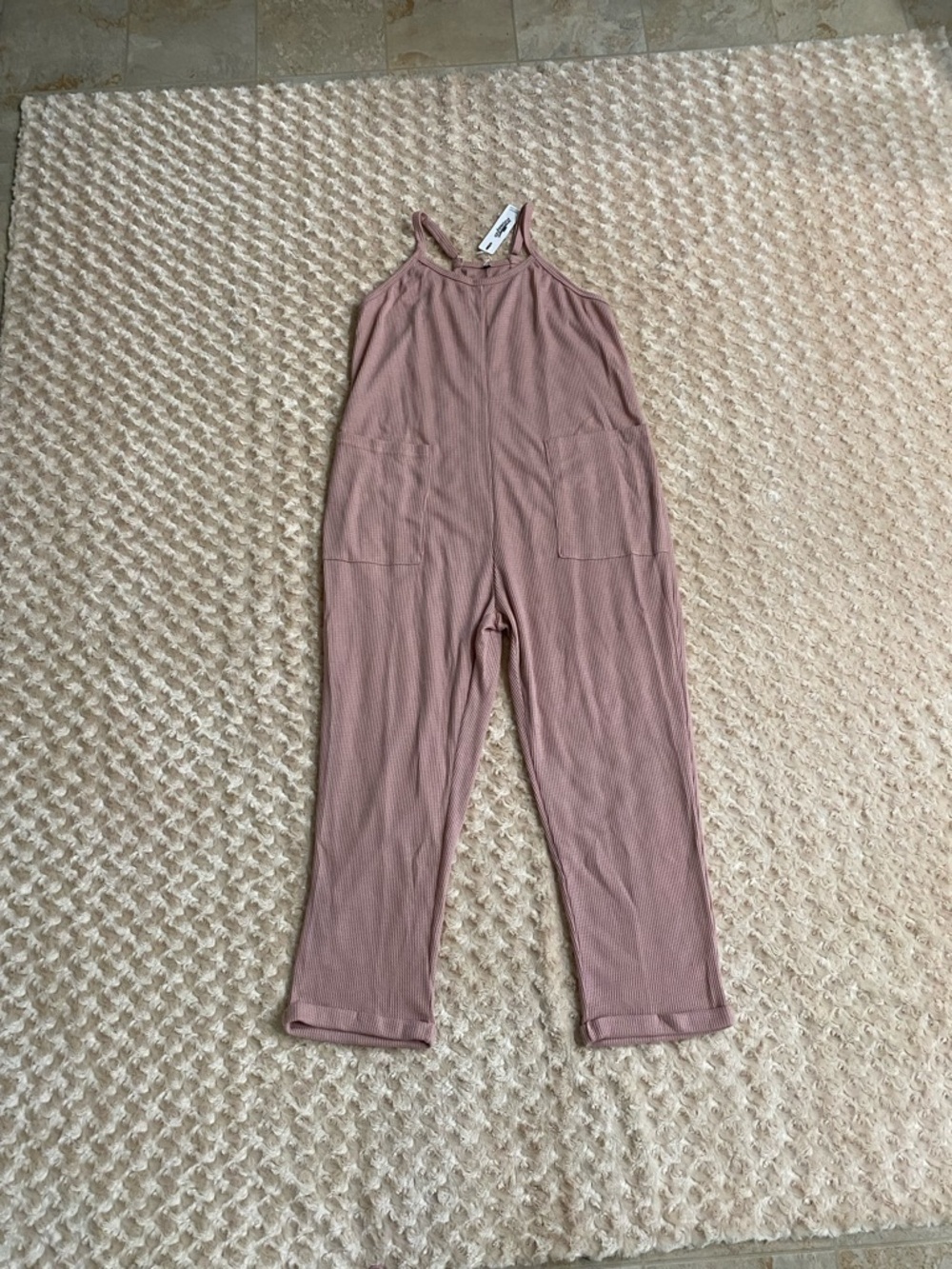 New Women Medium pink ribbed jumpsuit features spaghetti straps and two pockets